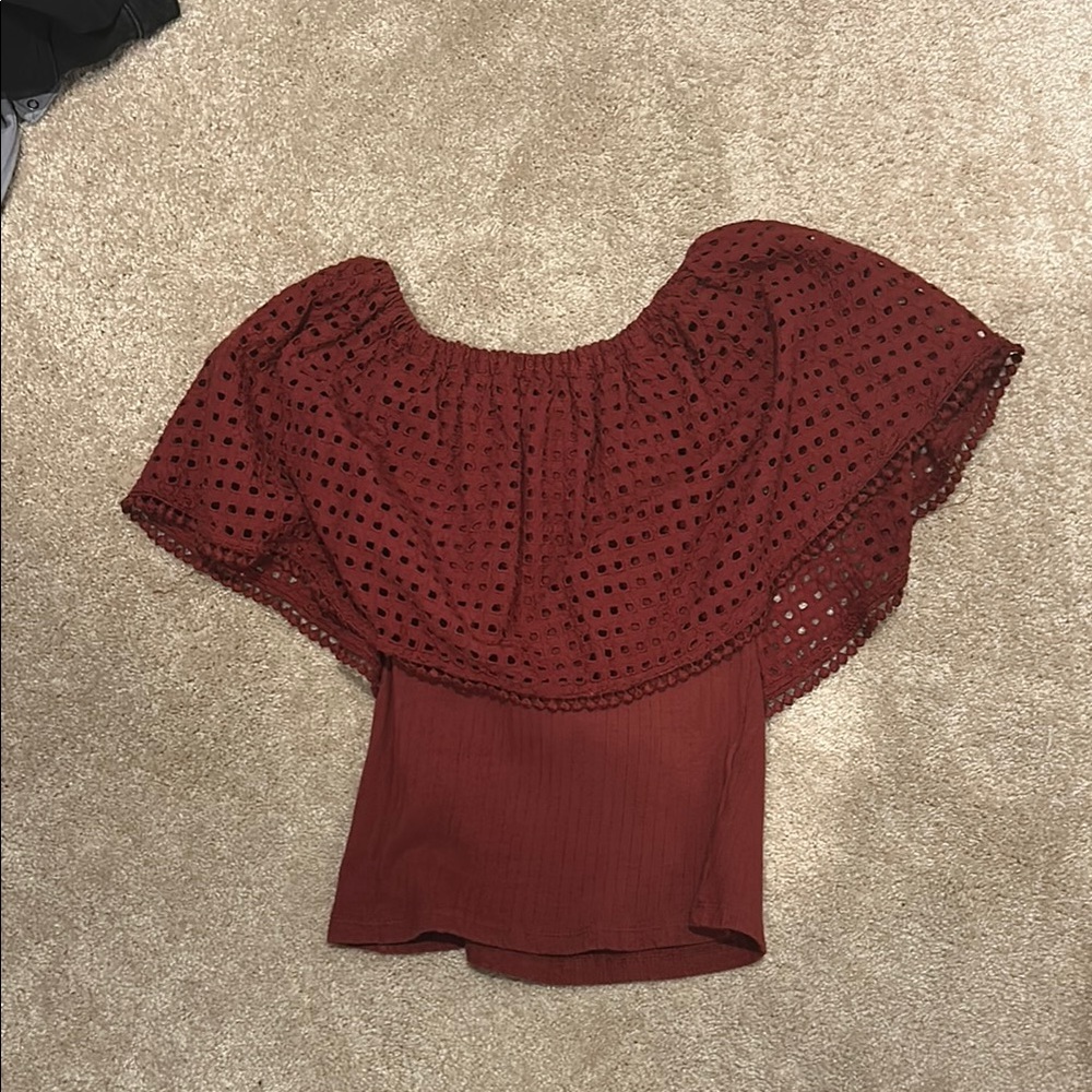 Women's Off-Shoulder Eyelet Top - Red
